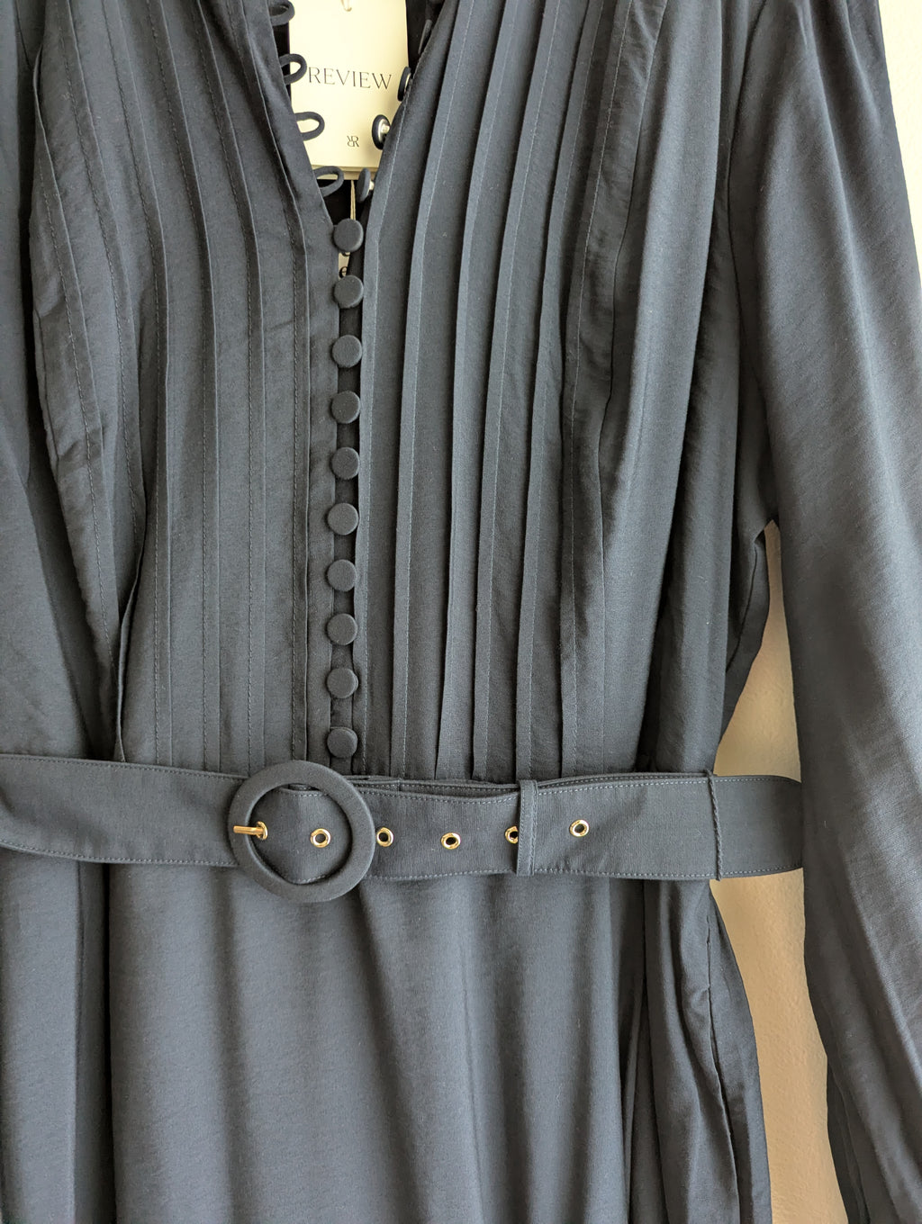 Review Navy Pintuck Maxi Dress