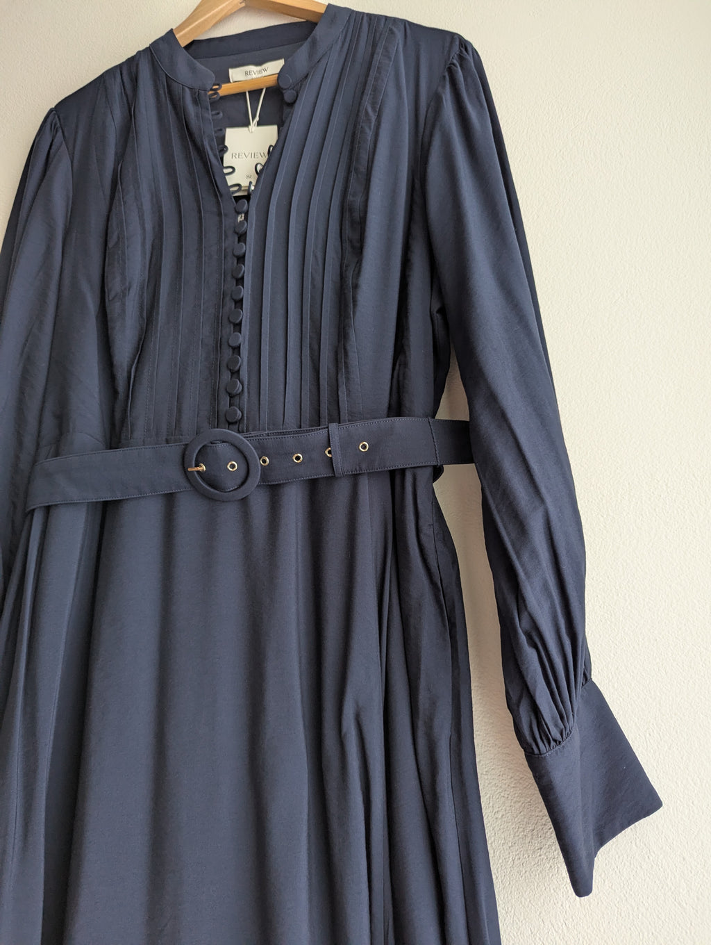 Review Navy Pintuck Maxi Dress