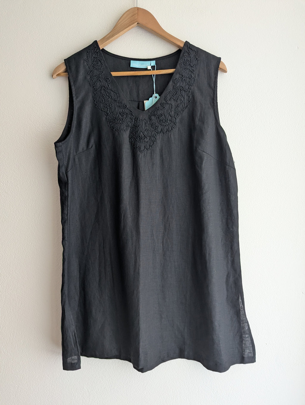 Blue Illusion Black Embellished Linen Shift Dress