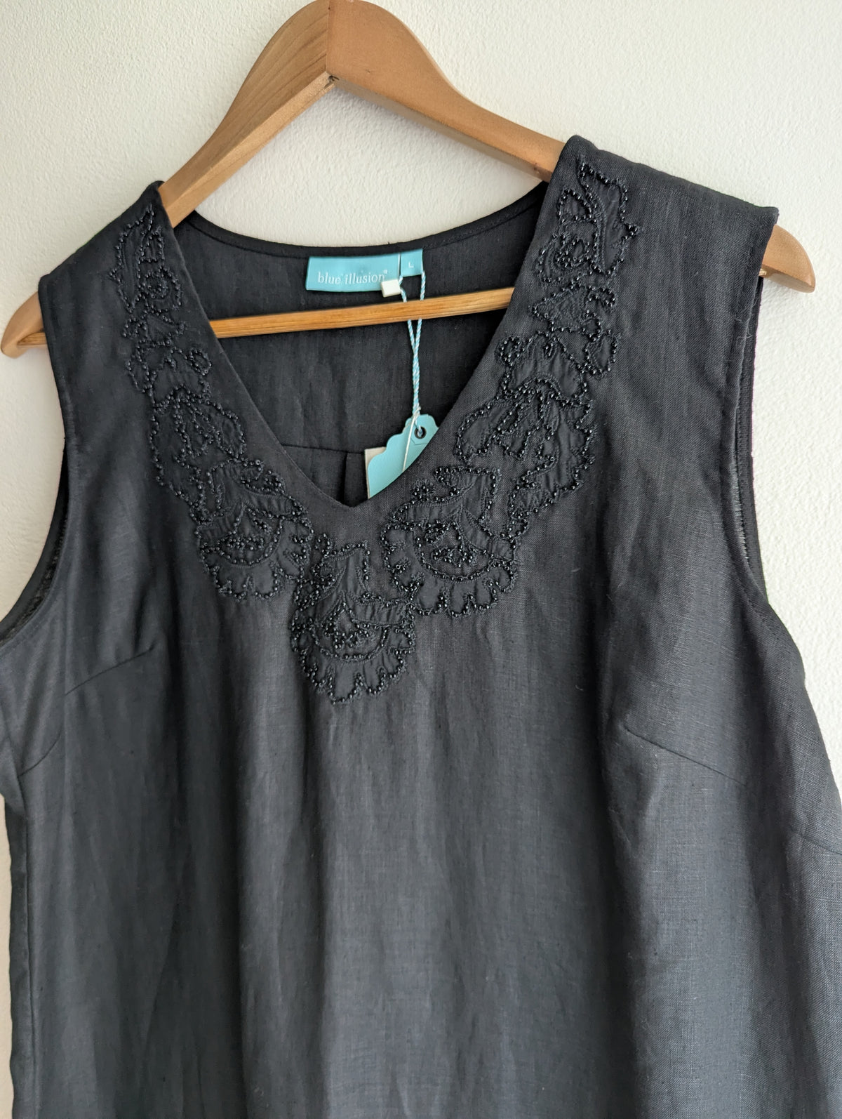 Blue Illusion Black Embellished Linen Shift Dress