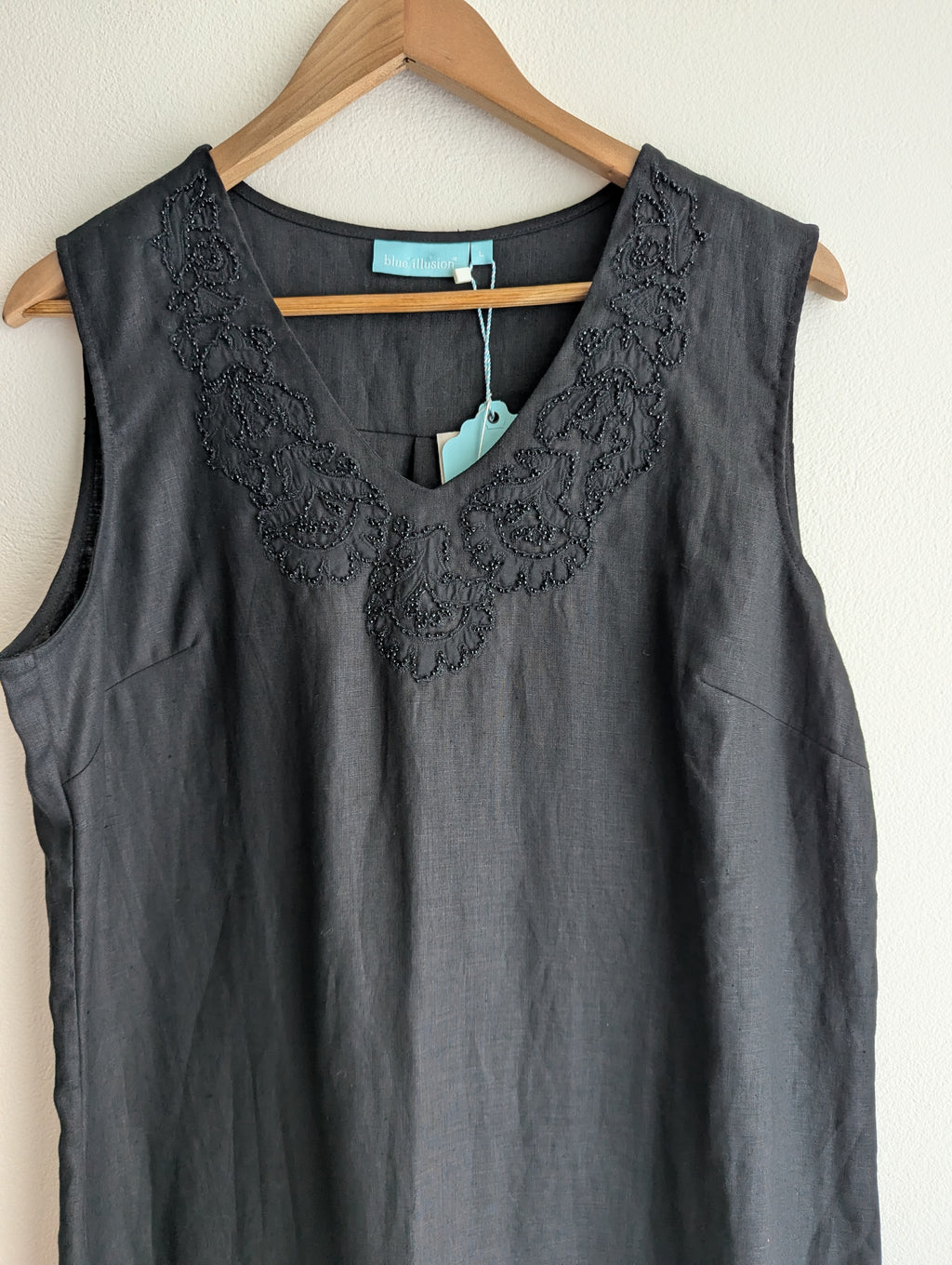 Blue Illusion Black Embellished Linen Shift Dress