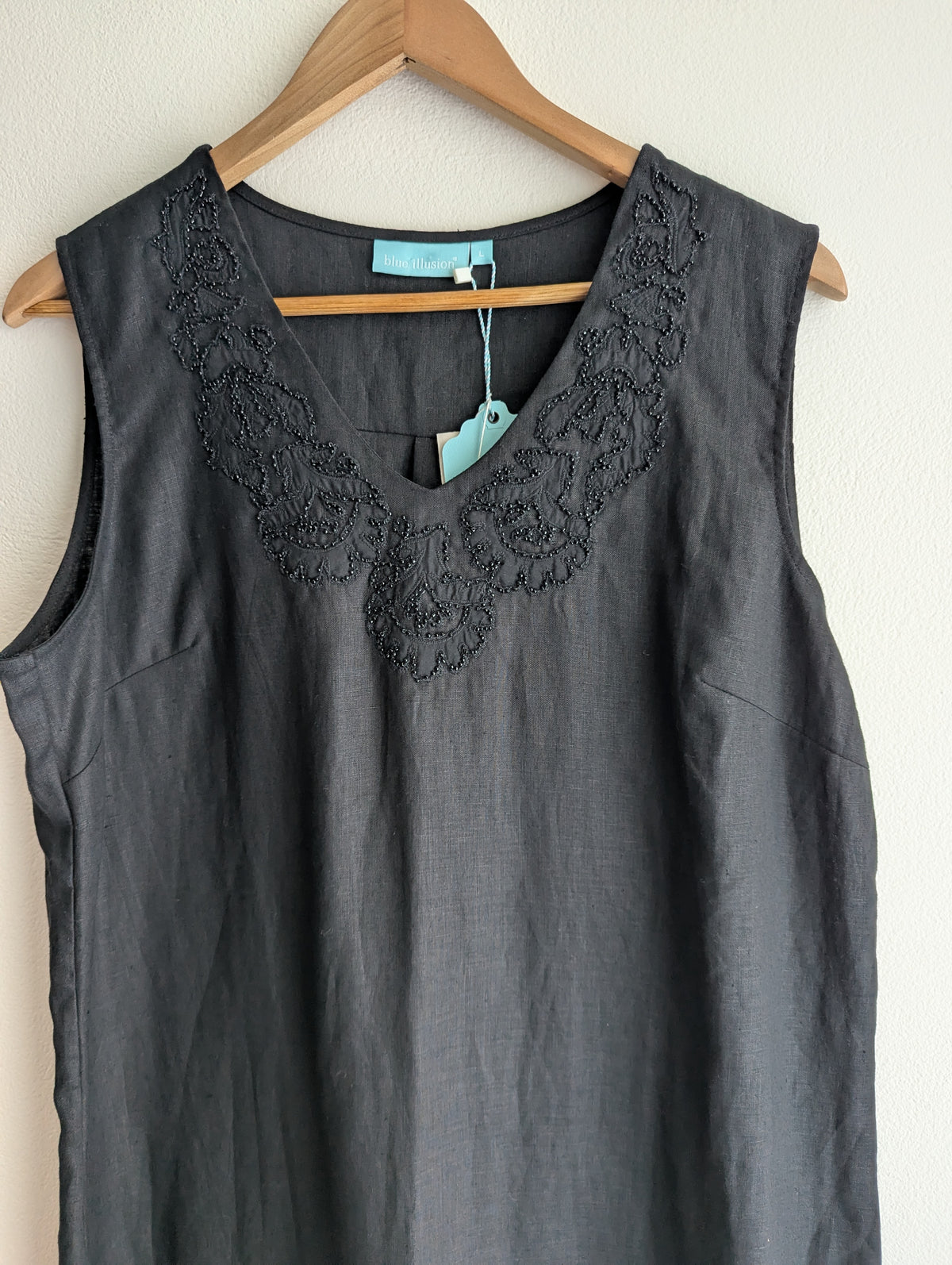 Blue Illusion Black Embellished Linen Shift Dress