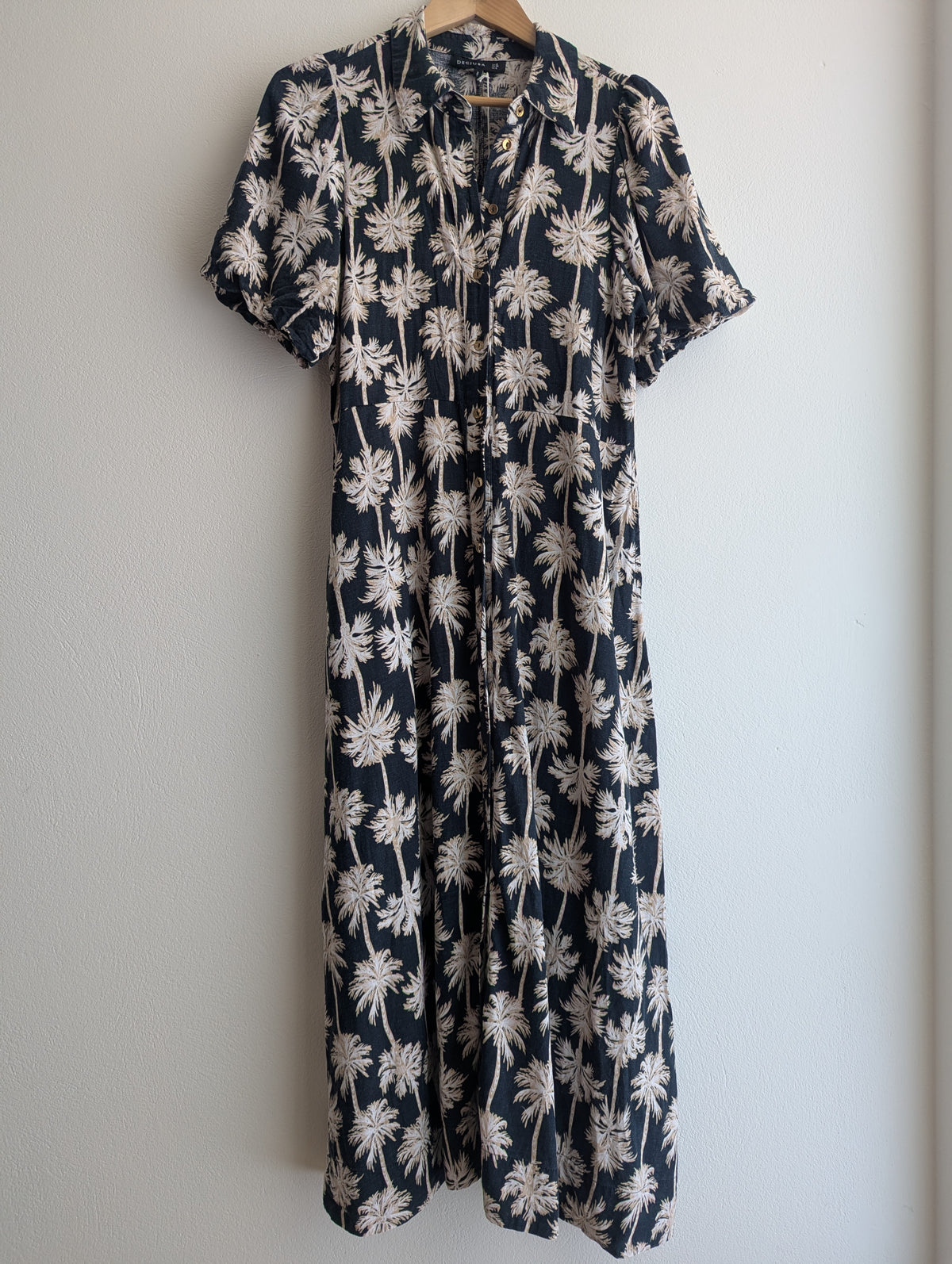 Decjuba Linen-Blend Palm Print Shirt Maxi Dress