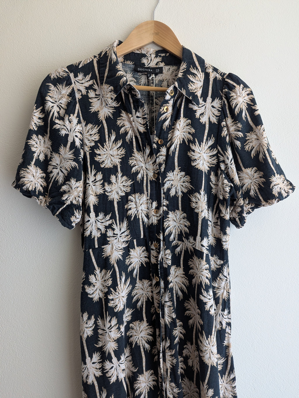 Decjuba Linen-Blend Palm Print Shirt Maxi Dress