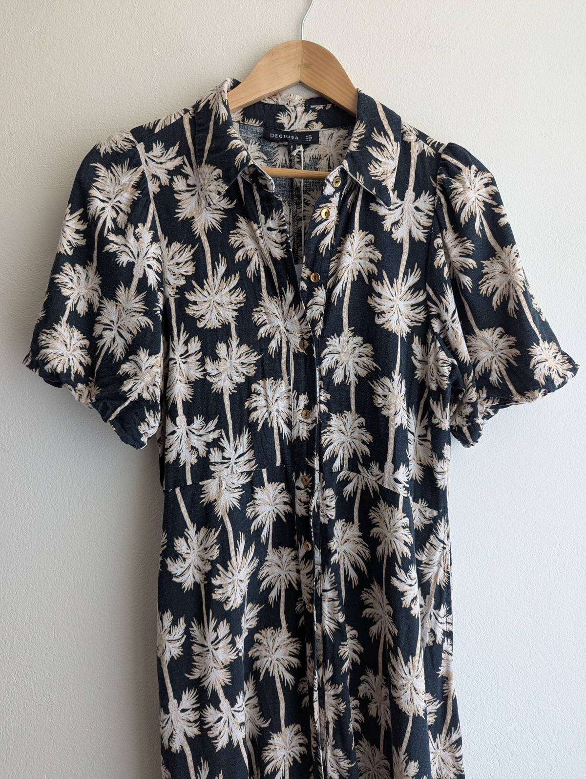 Decjuba Linen-Blend Palm Print Shirt Maxi Dress