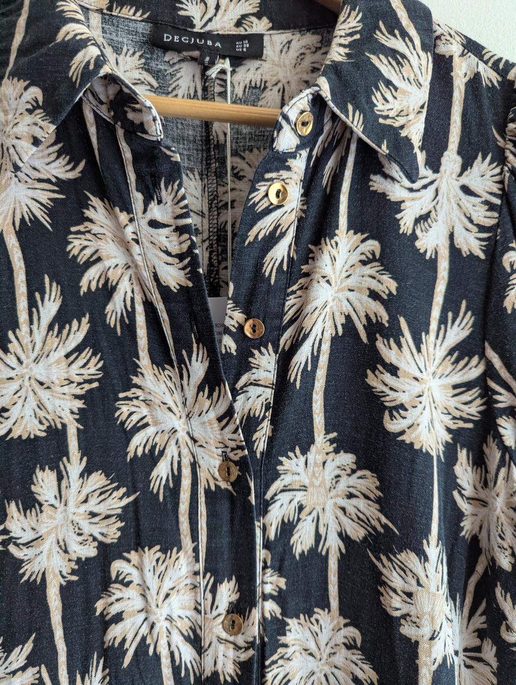 Decjuba Linen-Blend Palm Print Shirt Maxi Dress