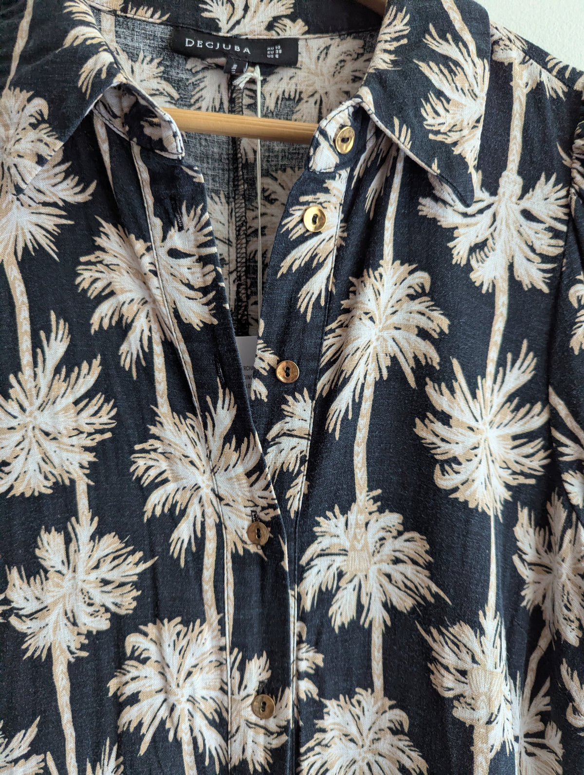 Decjuba Linen-Blend Palm Print Shirt Maxi Dress