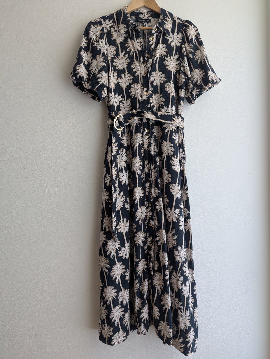Decjuba Linen-Blend Palm Print Shirt Maxi Dress