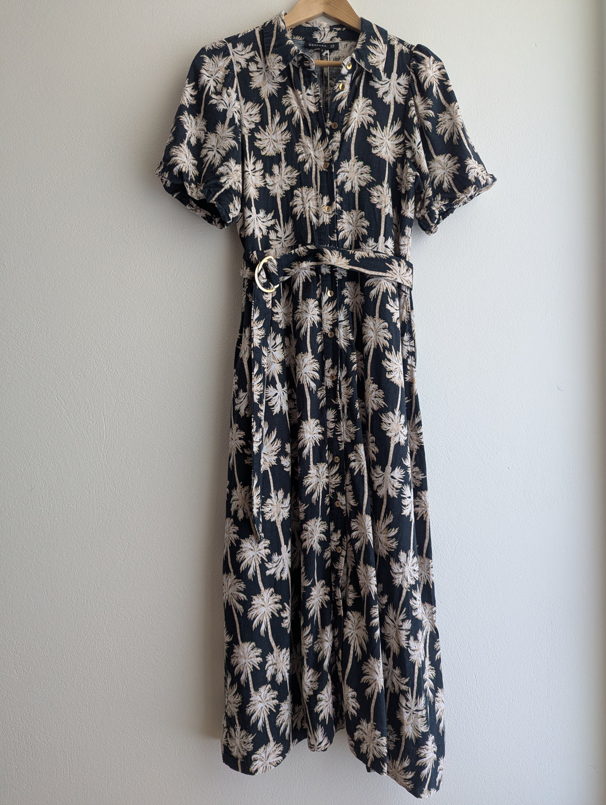 Decjuba Linen-Blend Palm Print Shirt Maxi Dress