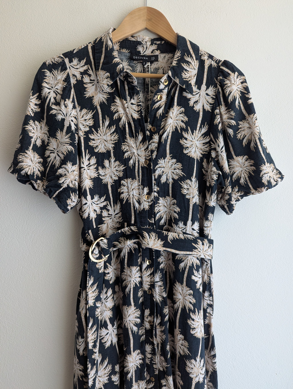 Decjuba Linen-Blend Palm Print Shirt Maxi Dress