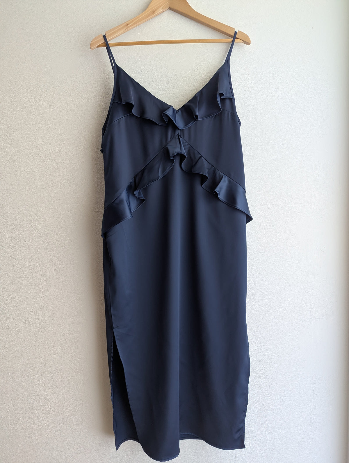 Milk And Honey Navy Satin Ruffle Dress