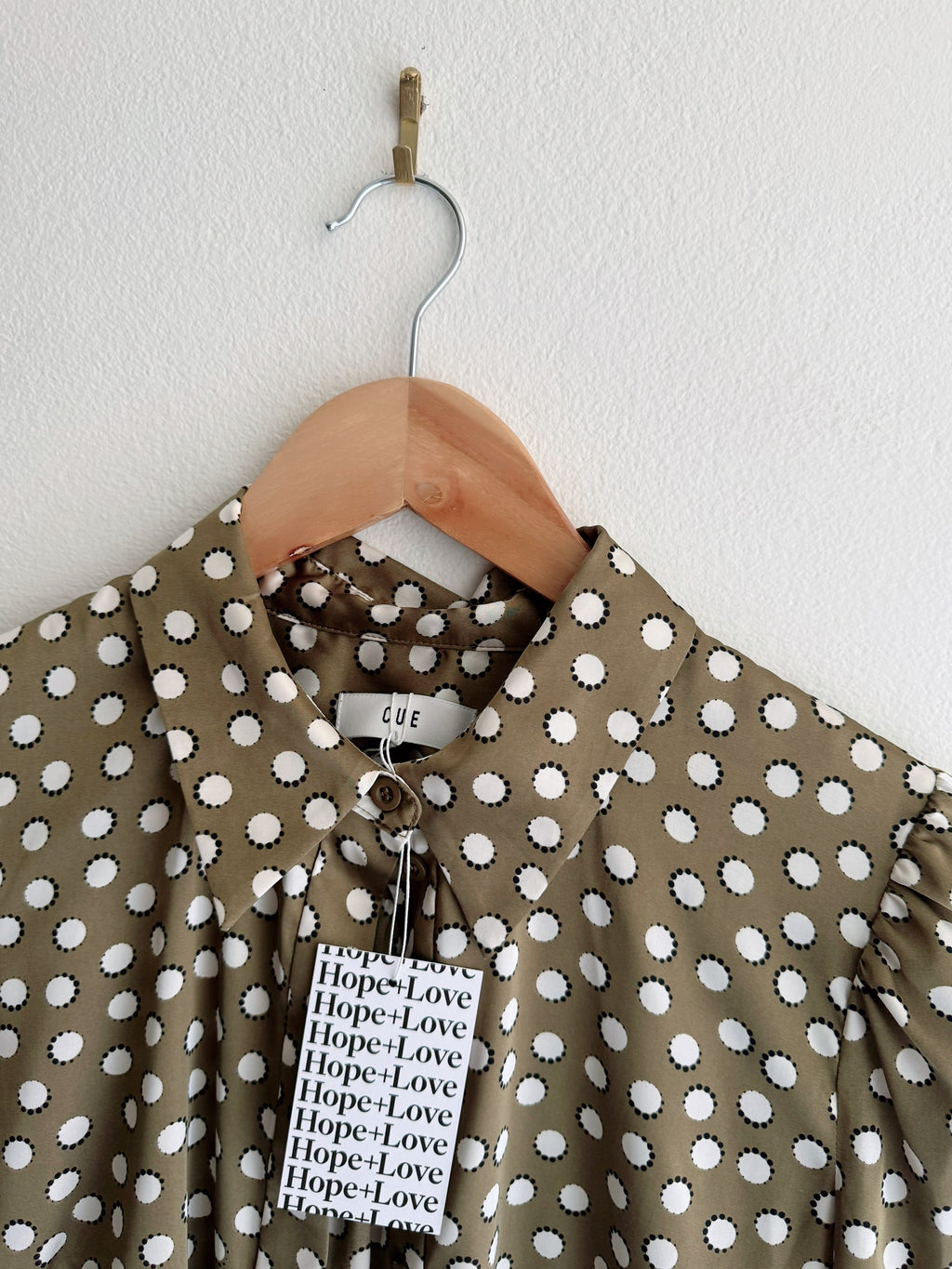Cue Khaki Polka dot Satin Button-Down Shirt