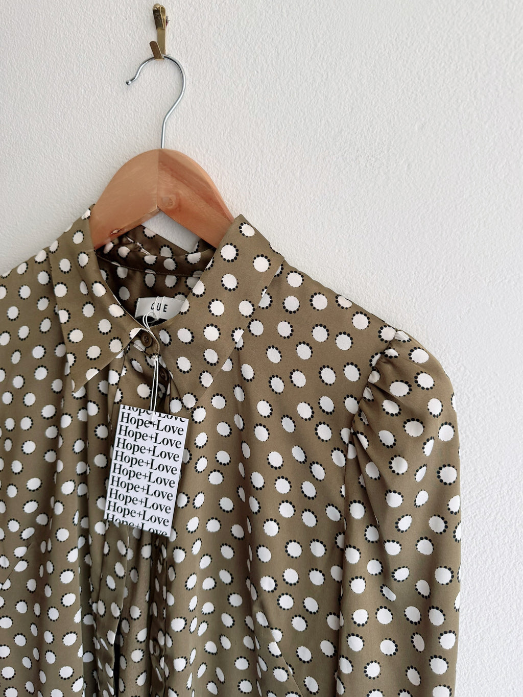 Cue Khaki Polka dot Satin Button-Down Shirt