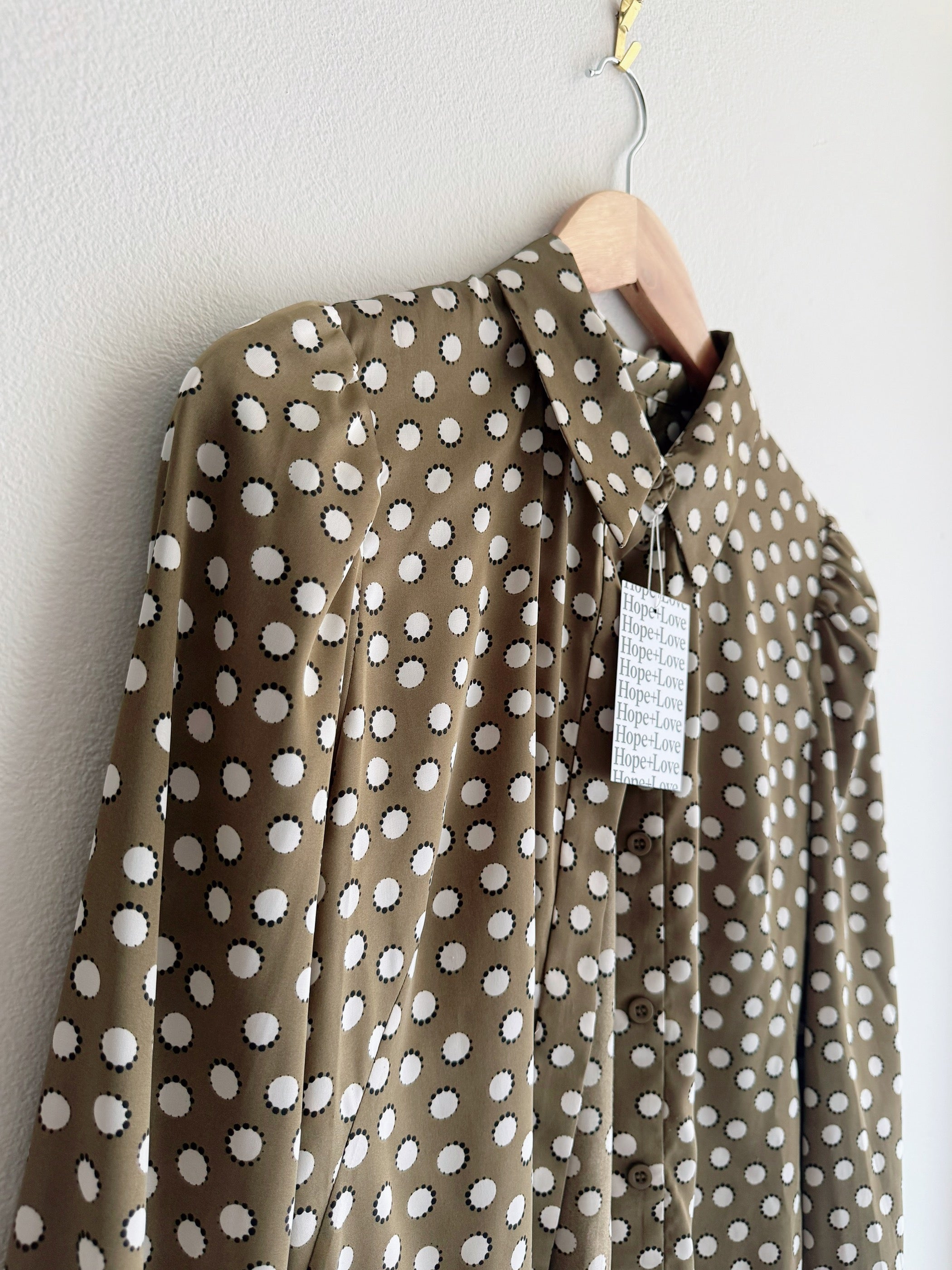 Cue Khaki Polka dot Satin Button-Down Shirt