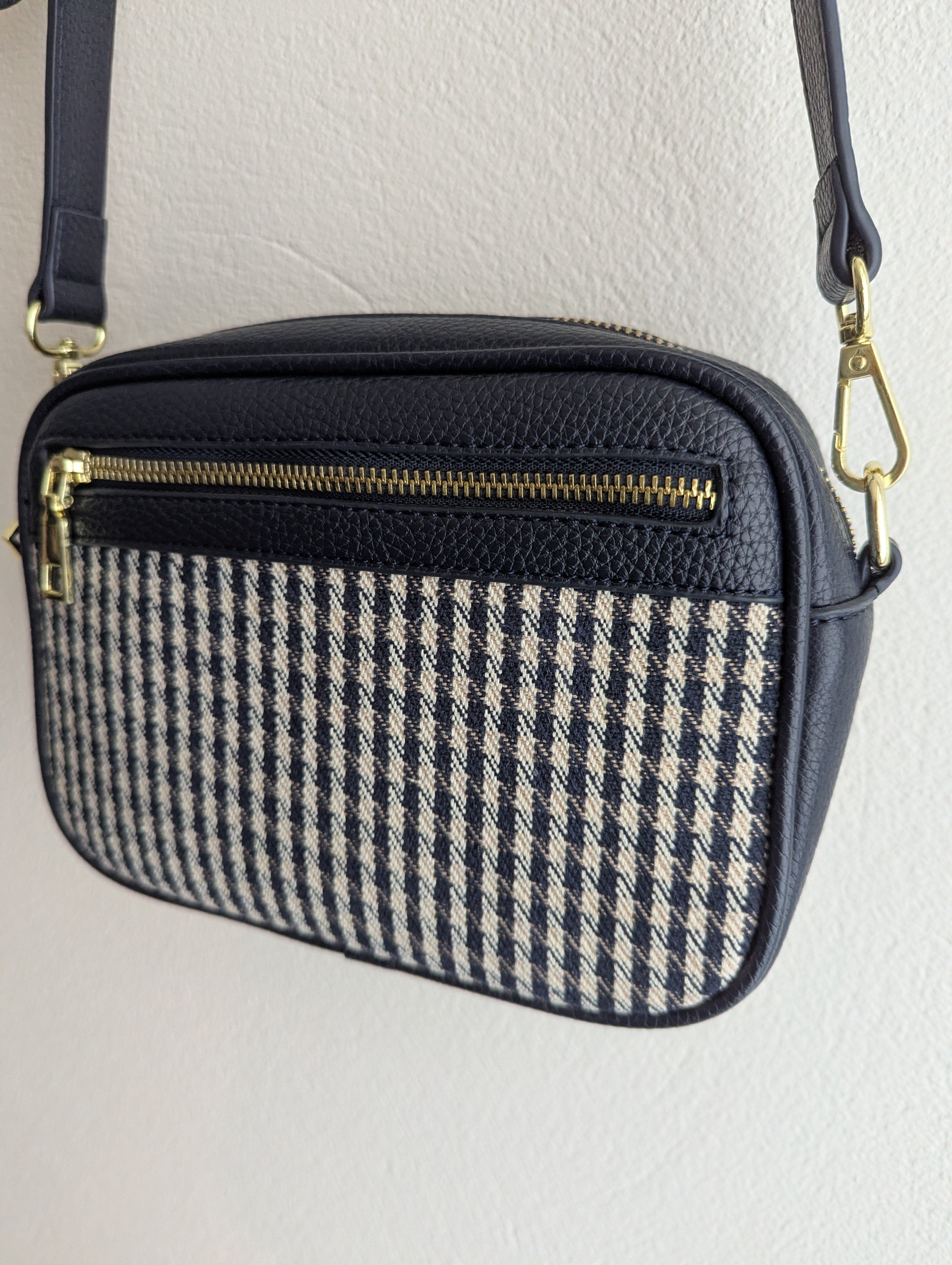 Zjoosh navy and houndstooth cross body camera bag