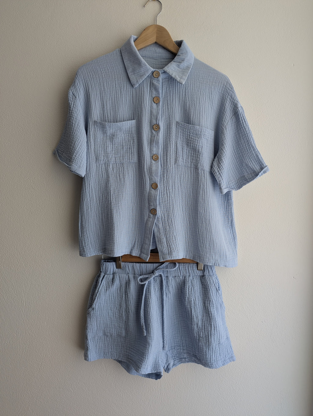Baby Blue Cotton Gauze Shirt & Shorts co-ord set