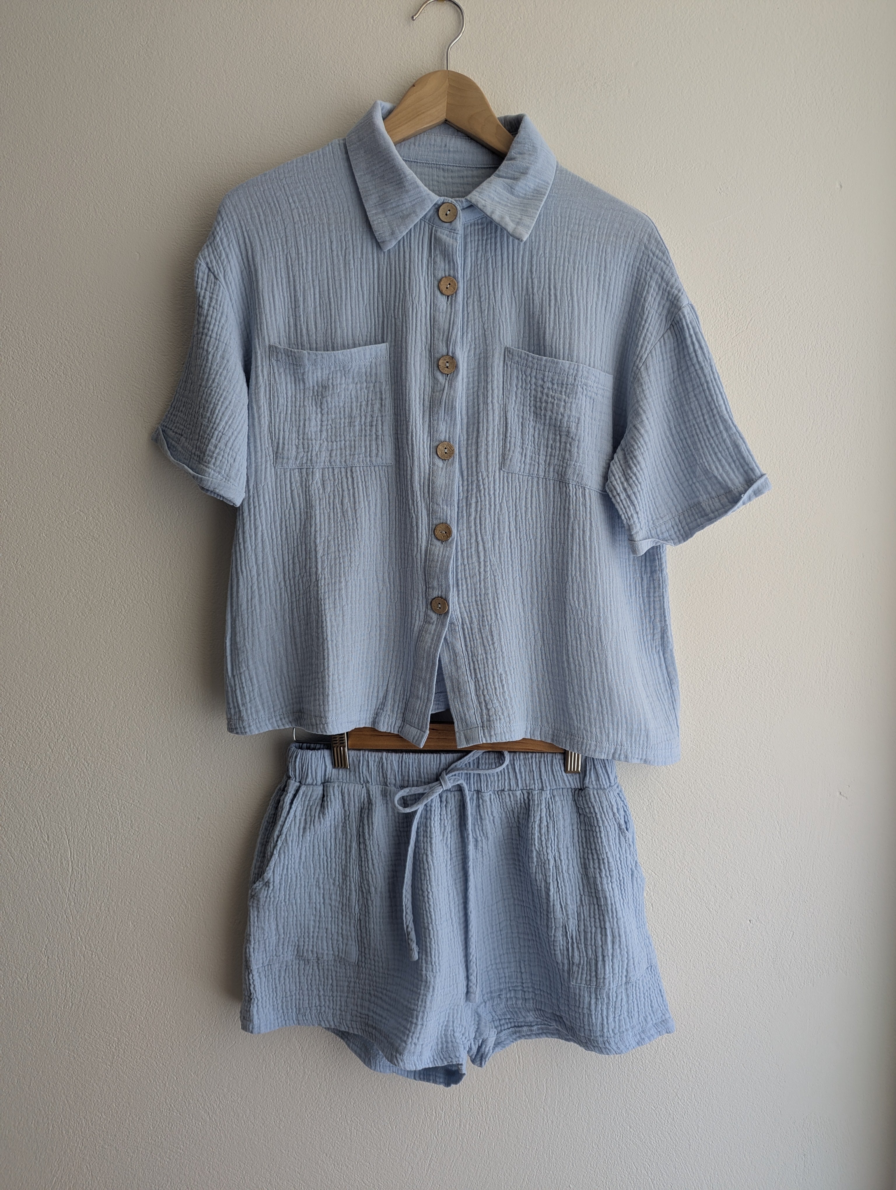 Baby Blue Cotton Gauze Shirt & Shorts co-ord set